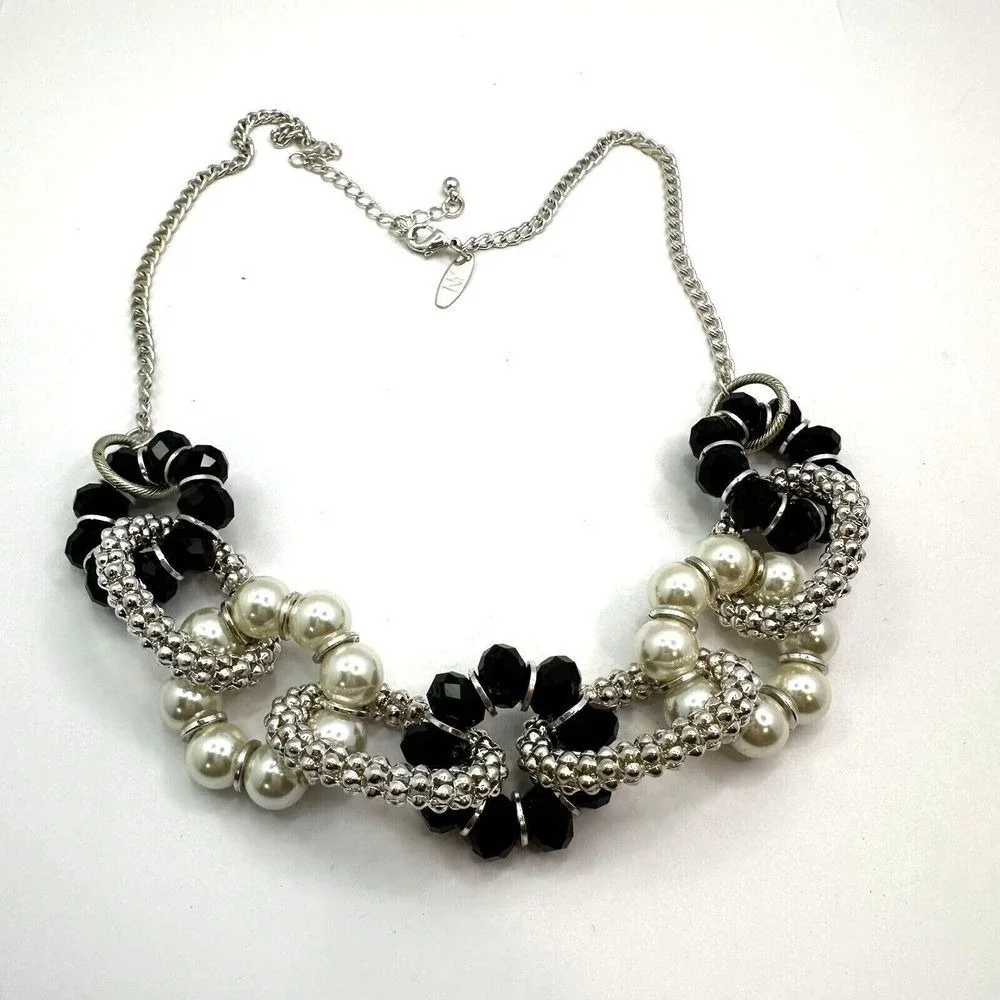 New York & Company Silver Tone Faux Pearl Black Beaded Bib‎ Statement Necklace